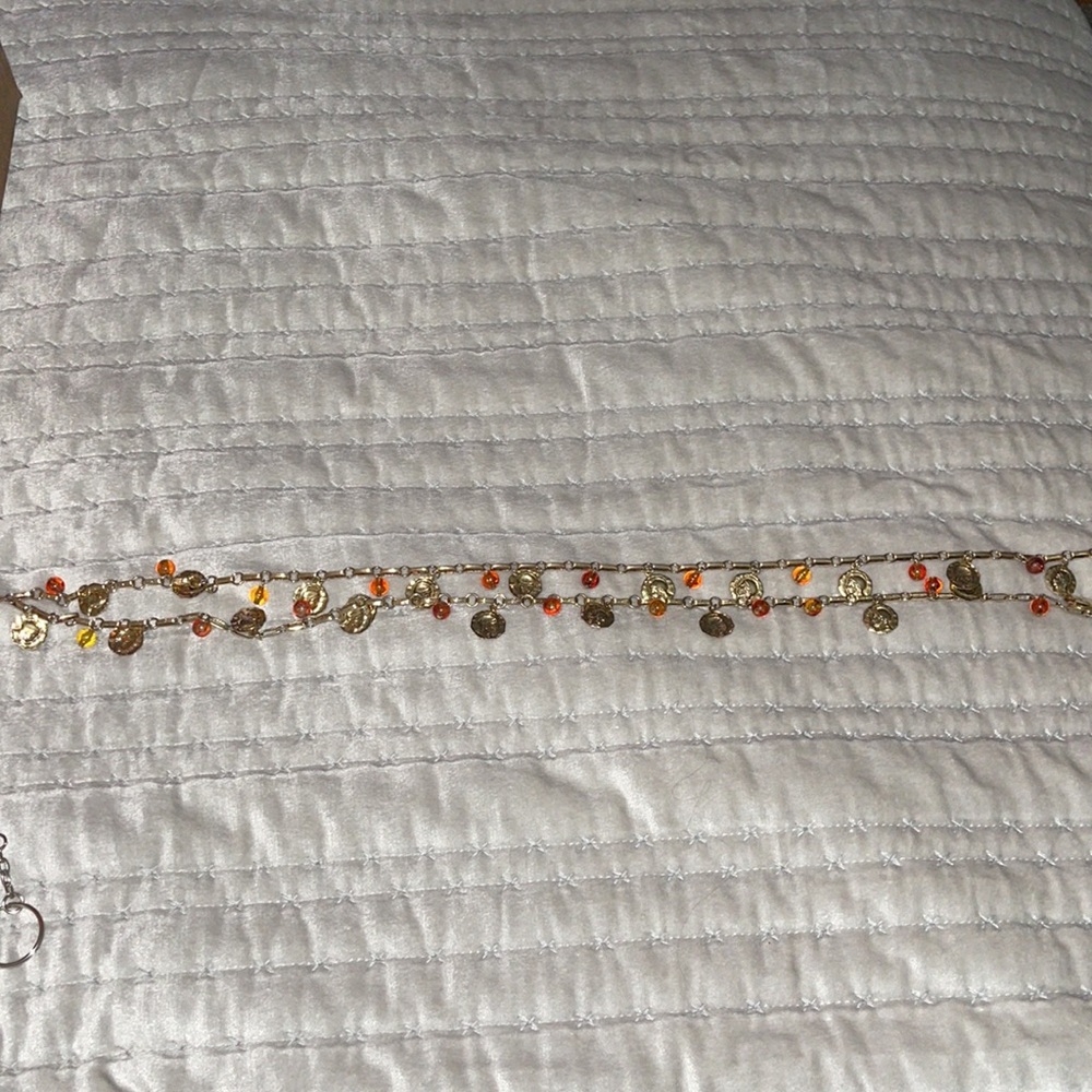 Vintage coin n pearls orange n yellow great condition length is 22” long